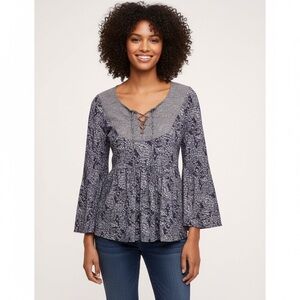 Anthro Akemi + Kin Marcella Paisley Lace Up Peplum Top Bell Sleeve Size S